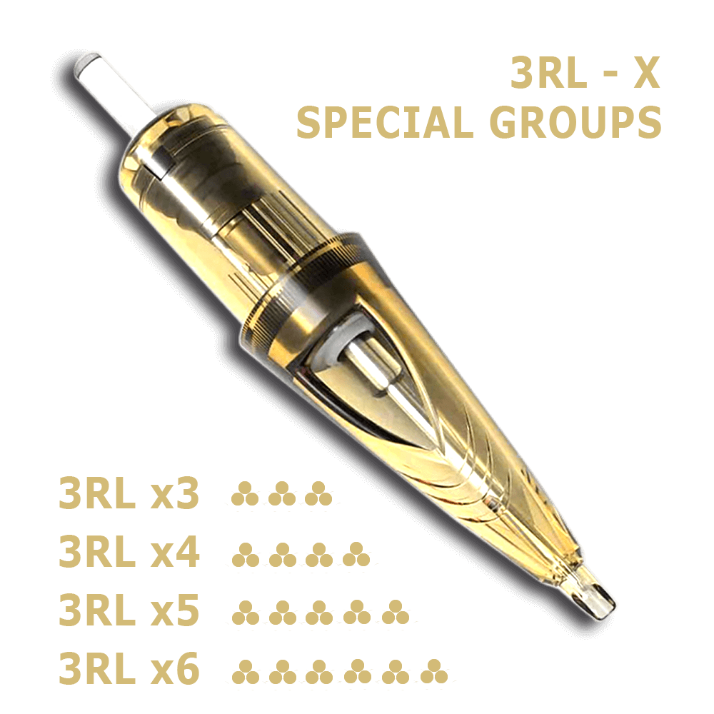 Agujas grupadas en 3, 4, 5 o 6 grupos de 3RL. 3RLx3, 3RLx4, 3RLx5, 3RLx6Caja con 6 unidades. Cartucho GOLD.